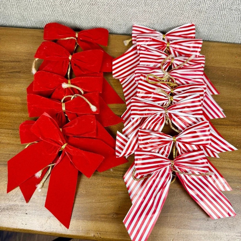Vintage Christmas Bows Set 15 Red Velvet Striped Gold Cord Holiday Decor Accents